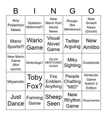 NINTENDO DIRECT Bingo Card