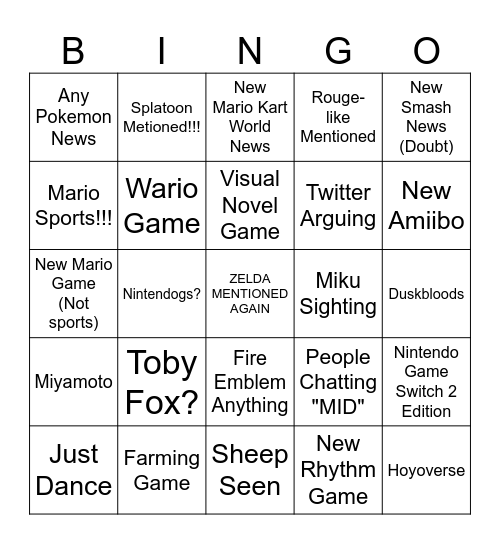 NINTENDO DIRECT Bingo Card