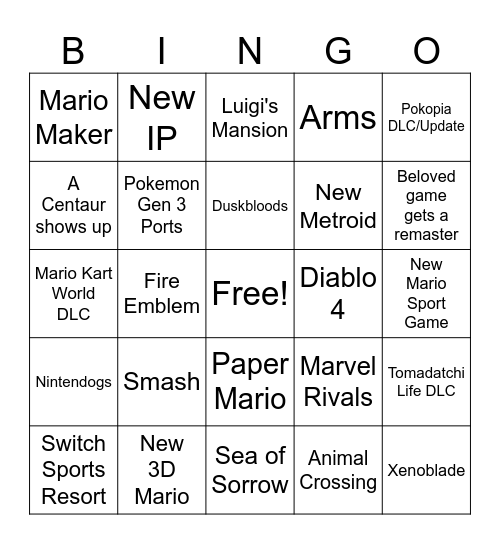 Nintendo Direct 9/9 Bingo Card