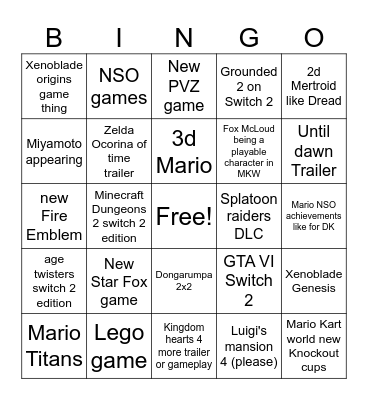 Nintendo direct 9/9/2026 Bingo Card