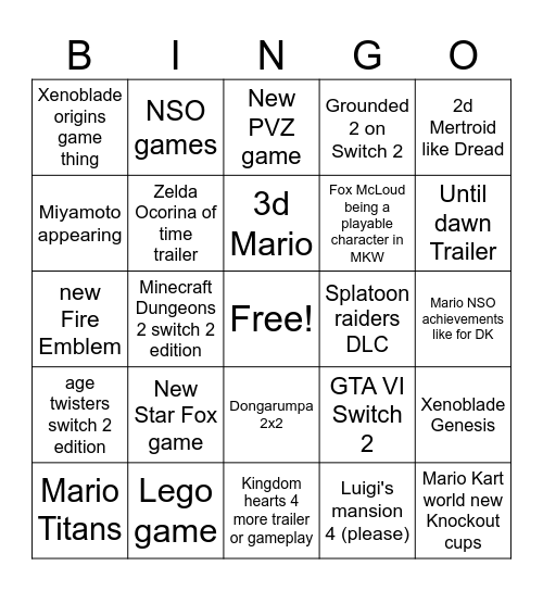 Nintendo direct 9/9/2026 Bingo Card