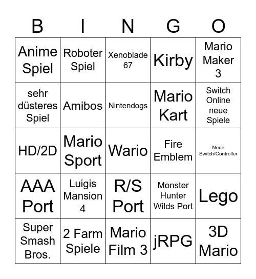 Nintendo Direct 9. Sep 27 Bingo Card