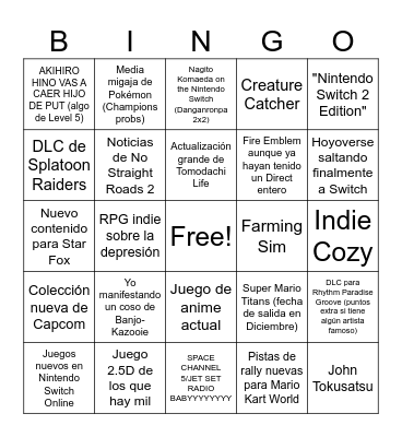 Nintendo Direct Bingo Card