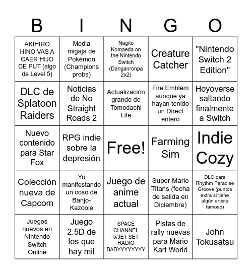 Nintendo Direct Bingo Card