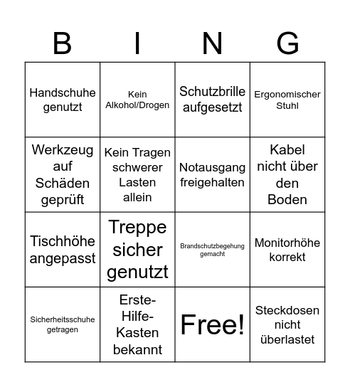 Sicherheitsunterweisung 2026 Bingo Card