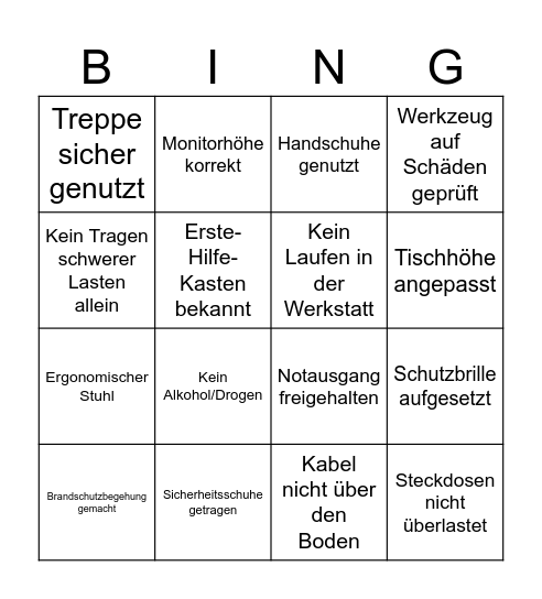 Sicherheitsunterweisung 2026 Bingo Card