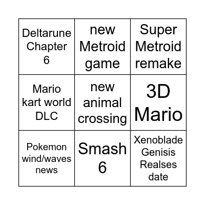 Nintendo Direct Bingo Card