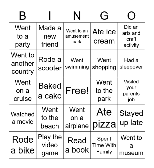 What did you do over your Summer break?? Bingo Card