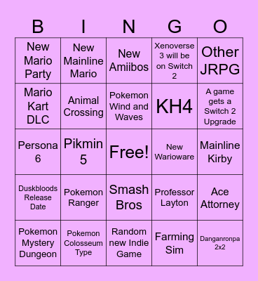 Nintendo Direct Bingo Card