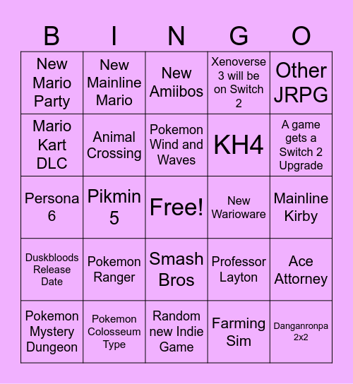Nintendo Direct Bingo Card
