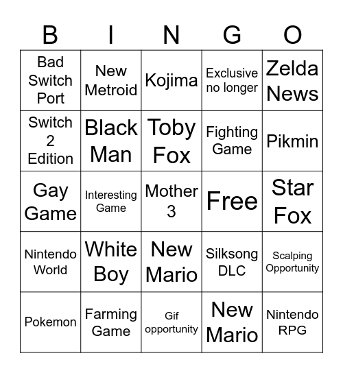NINTEND-GO Bingo Card