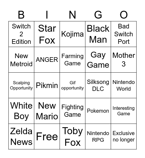 NINTEND-GO Bingo Card