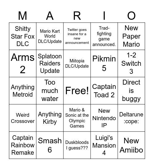 26/09/09 Nintendo Direct Prediction Bingo Card