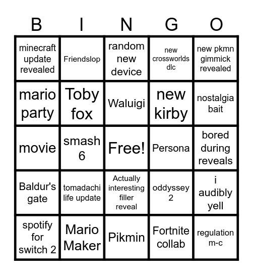 nintendo direct september 2026 Bingo Card