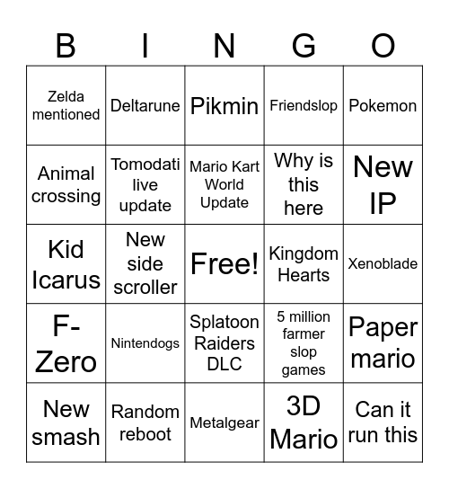 Nintendo Bingo Card