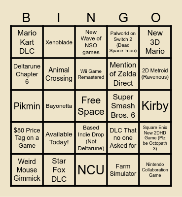 Nintendo Sept. 2026 Direct Bingo Card