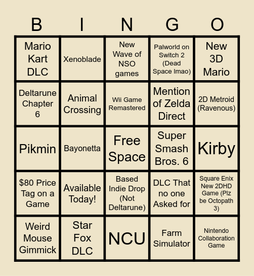 Nintendo Sept. 2026 Direct Bingo Card