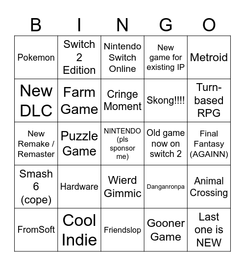 BINGTENDO DIRECT Bingo Card