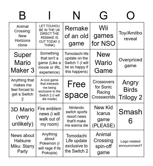 Nintendo Direct 9/9/2026 Bingo Card