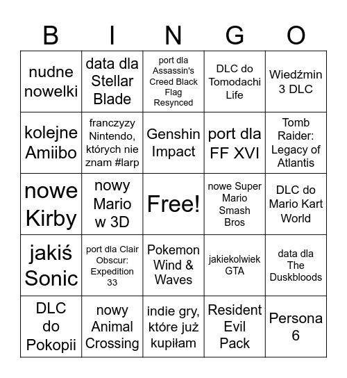Nintendo Direct Bingo Card