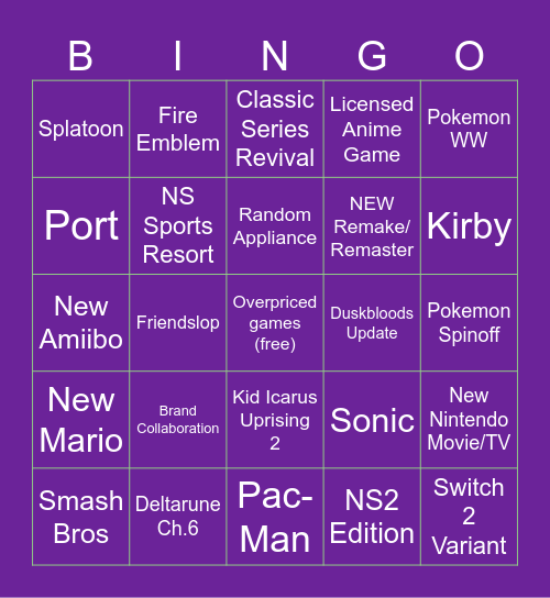 Nintendo Direct 9.9.26 Bingo Card