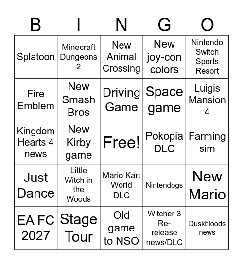 Nintedo Direct September 2026 Bingo Card