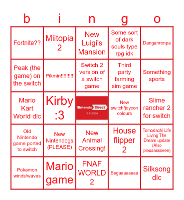 Stupid Nintendo Direct 9/9 thing Bingo Card