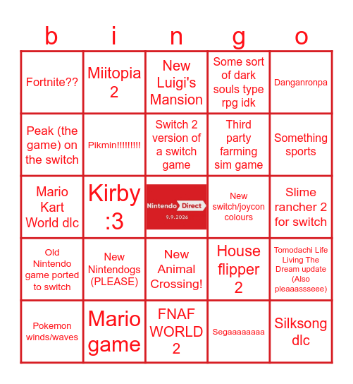 Stupid Nintendo Direct 9/9 thing Bingo Card