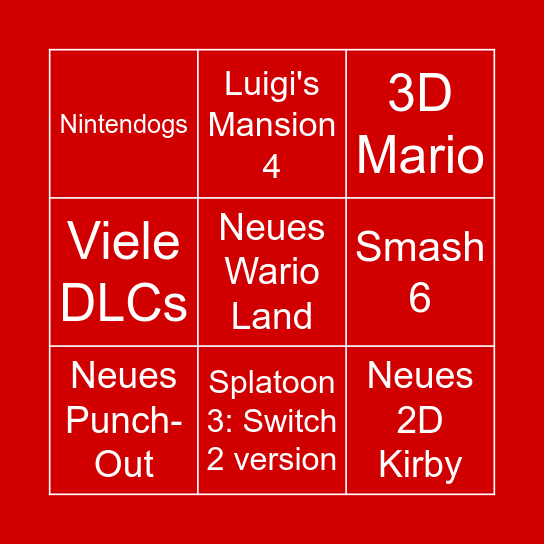 Nintendo Direct Hoffnungen Bingo Card