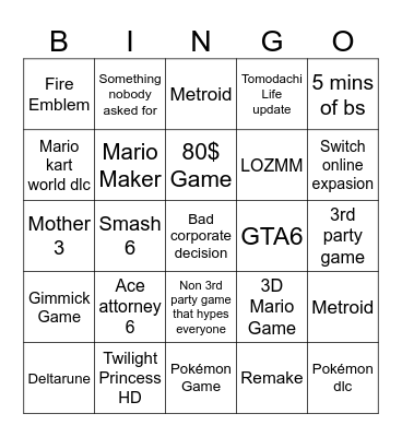 Nintendo Direct Bingo Card