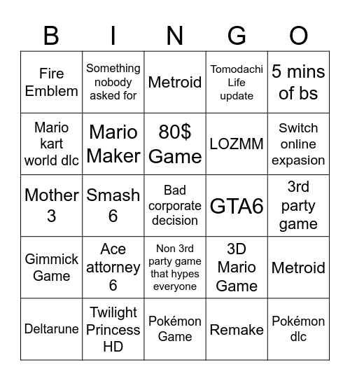 Nintendo Direct Bingo Card