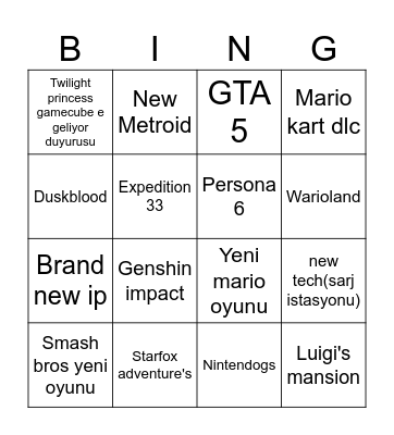 Nintendo direct Bingo Card