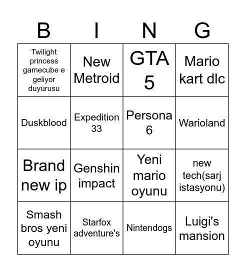 Nintendo direct Bingo Card