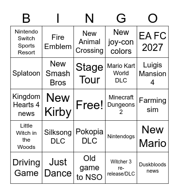 Nintendo Direct September 2026 Bingo Card