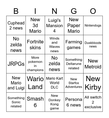 August 2026 Nintendo Direct Bingo Card