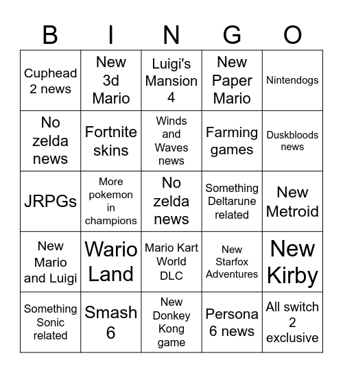 August 2026 Nintendo Direct Bingo Card