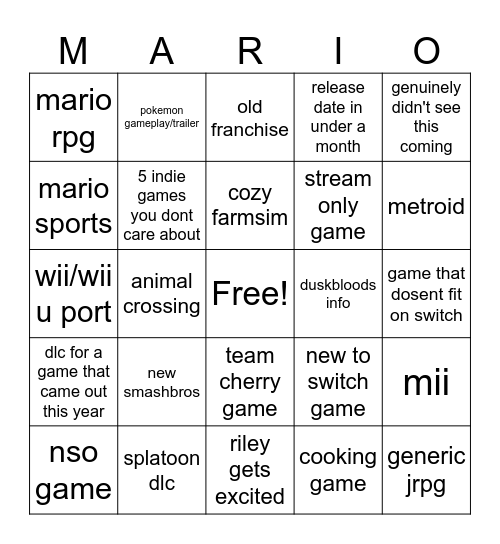nintedo direct bingo Card
