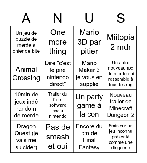 Nintendo Direct Bingo Card