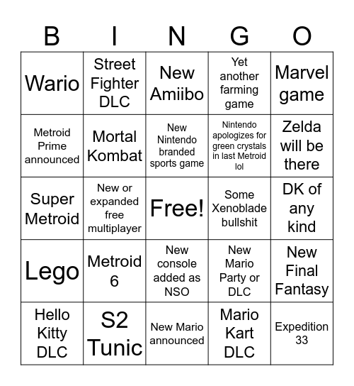 Nintendo Direct Bingo Card
