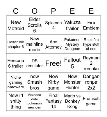 Nintendo Copium Bingo Card