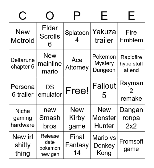 Nintendo Copium Bingo Card