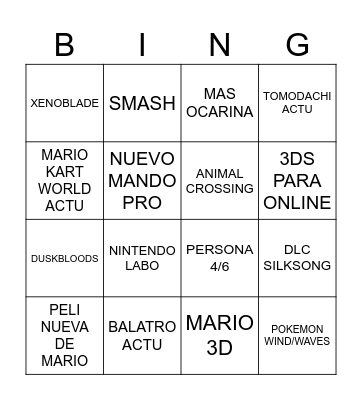 NINTENDO DIRECT Bingo Card
