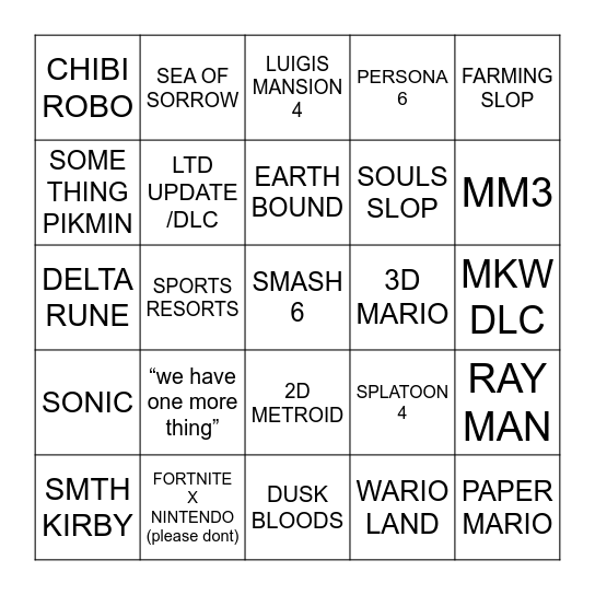 SEPTEMBER 2026 NINTENDO DIRECT Bingo Card