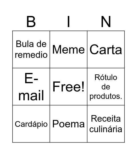 Bingo dos gêneros textuais Bingo Card