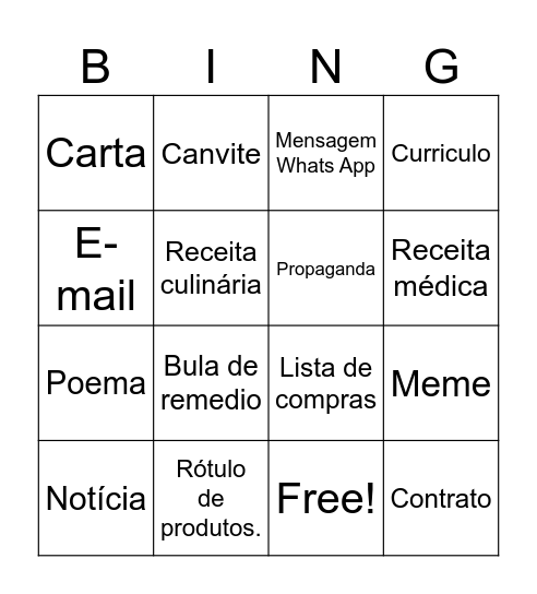 Bingo dos gêneros textuais Bingo Card