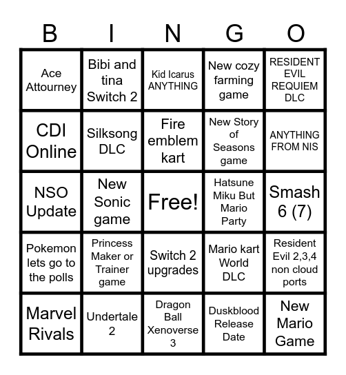 Nitendo Direct Predictions Bingo Card