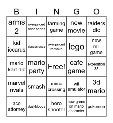 nintendo direct Bingo Card