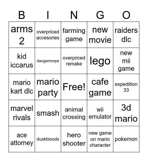 nintendo direct Bingo Card