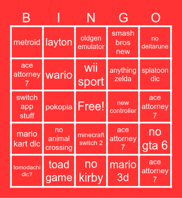 nintendo direct bingo Card
