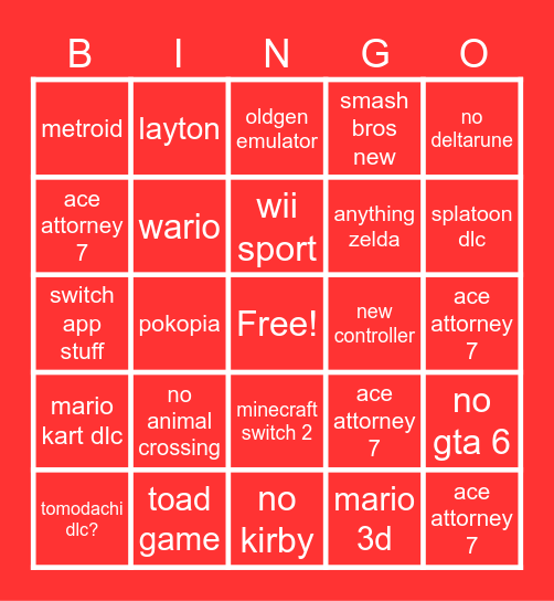 nintendo direct bingo Card